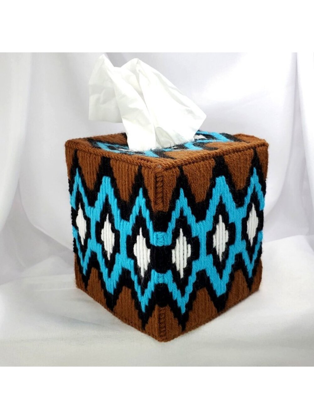 Handcrafted Tissue Box Cover Geometric  Southwest Design Brown and Turquois Yarn